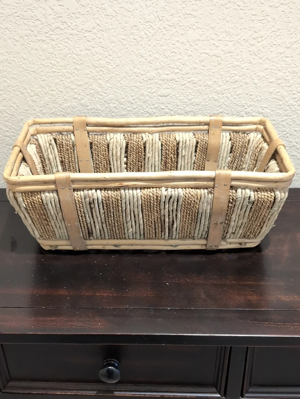 Vintage Mid-Century Handwoven Rectangular Basket - French Style - Bamboo Rattan